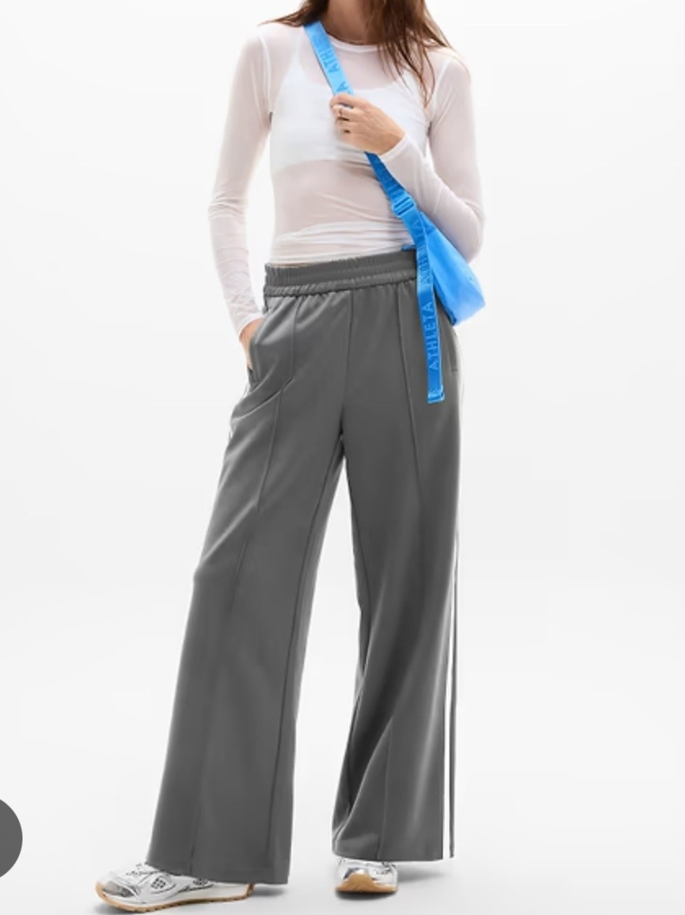 Athleta Gray Wide-Leg Track Pants with White Side Stripe